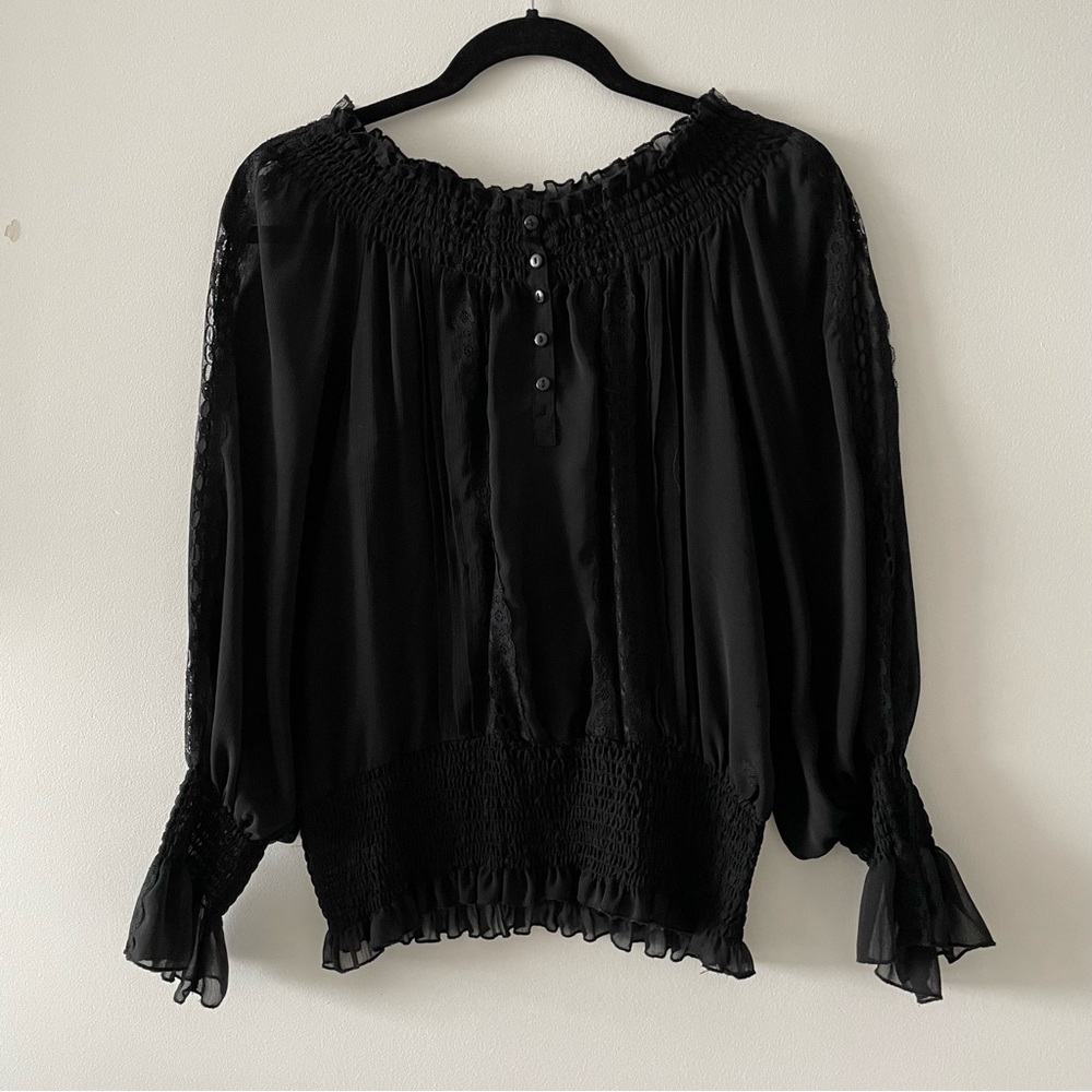 Le Chateau black long sleeve sheer shirt top size medium elastic waist and cuffs